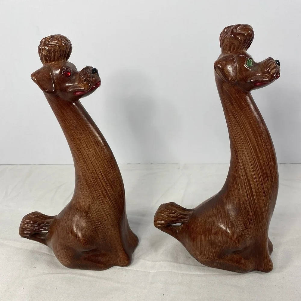 Vintage Dog Figurine Pair Faux Wood Mid Century Style Retro Decor Hong Kong